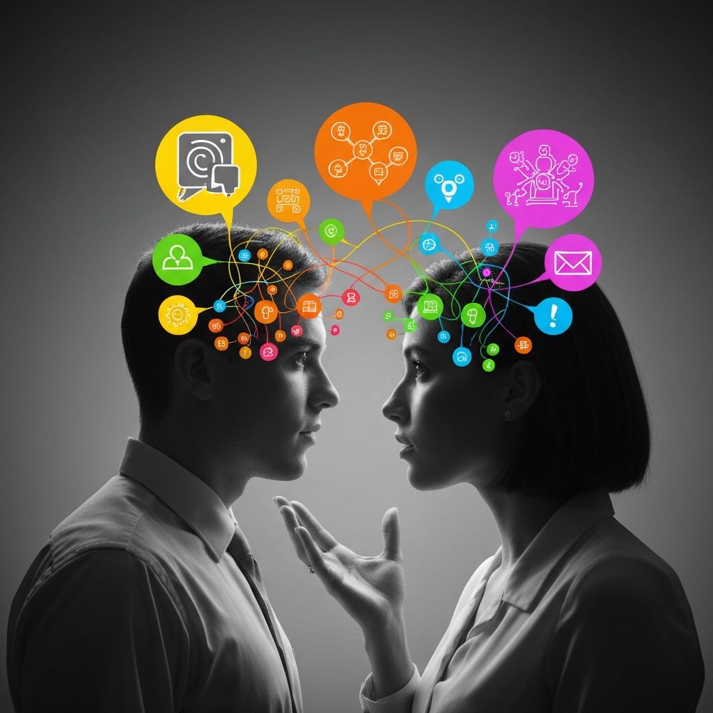 Two people in profile facing each other with colorful icons representing ideas, communication, and intellectual connection floating between their minds